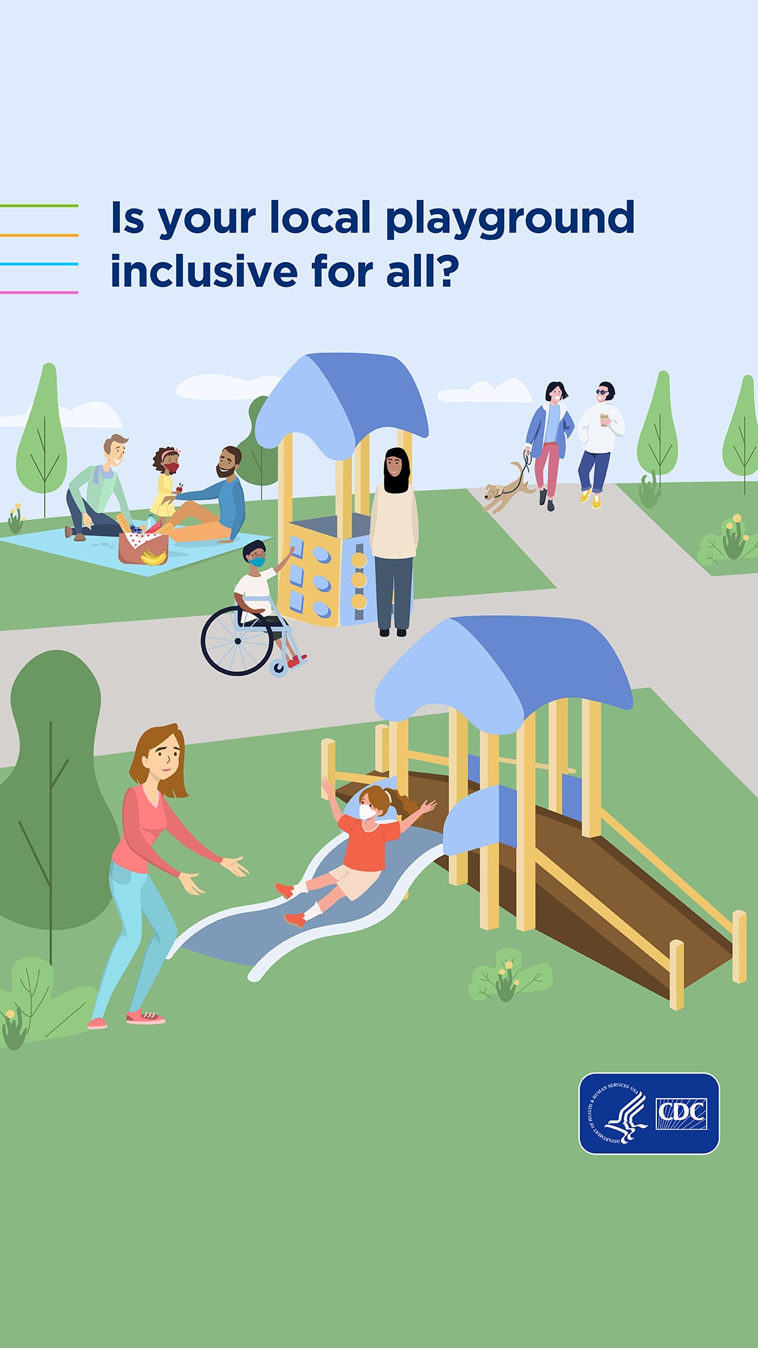 Illustration of a playground with various equipment that is accessible for all, and several people and children enjoying the space. The graphic shows two dads having a picnic with their daughter, a boy in a wheelchair playing at a sensory station, two women walking a dog, and a mother catching her child coming down the slide.  CDC logo