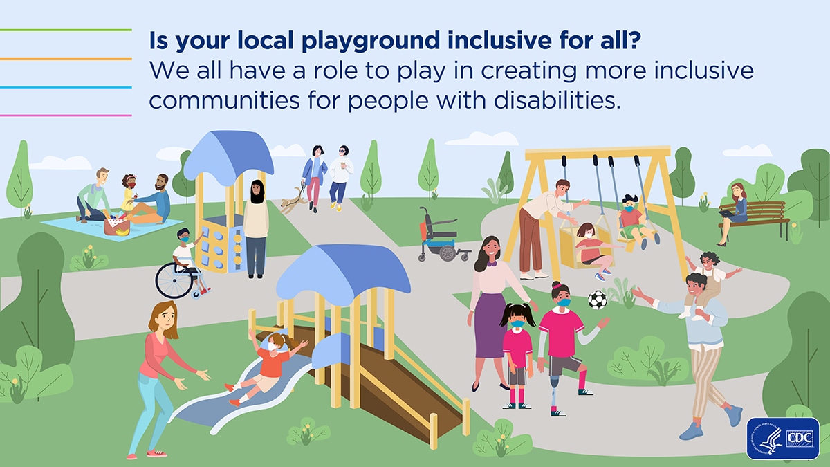 Illustration of a playground with various equipment that is accessible for all, and several people and children enjoying the space. The graphic shows two dads having a picnic with their daughter, a boy in a wheelchair playing at a sensory station, two women walking a dog, children swinging, a woman working on her laptop on a bench, a father with his child on his shoulders, a mother catching her child coming down the slide, and a mother taking her two daughters to a soccer game, one daughter has a prosthetic leg. CDC logo