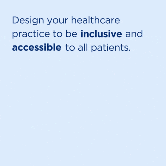 An animated graphic that shows an illustration of various people with disabilities. Text above the illustration reads design your healthcare practice to be inclusive and accessible to all patients. The 2nd frame says ‘Examples’ large text on forms, wide doorways, familiar words in instructions, signs, and forms. Text on the bottom of the image reads I am a disability ALLY. Graphic is branded with CDC and HHS logos.