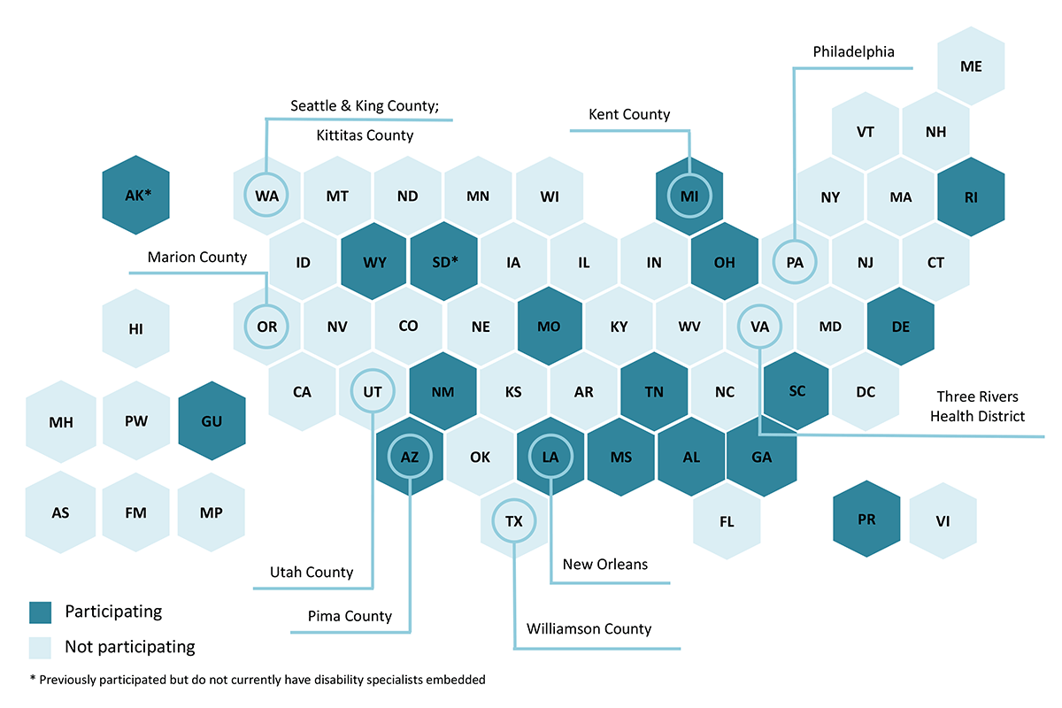 Hex map figure showing Participating State, Territorial, and Local Health Agencies (as of February 2022) - see data table below.