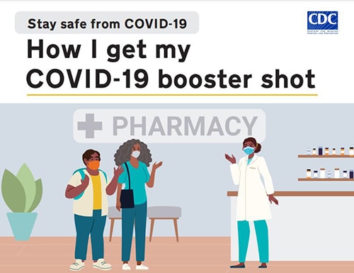 A mother and son with band-aids from their COVID-19 booster shot talking to a pharmacist