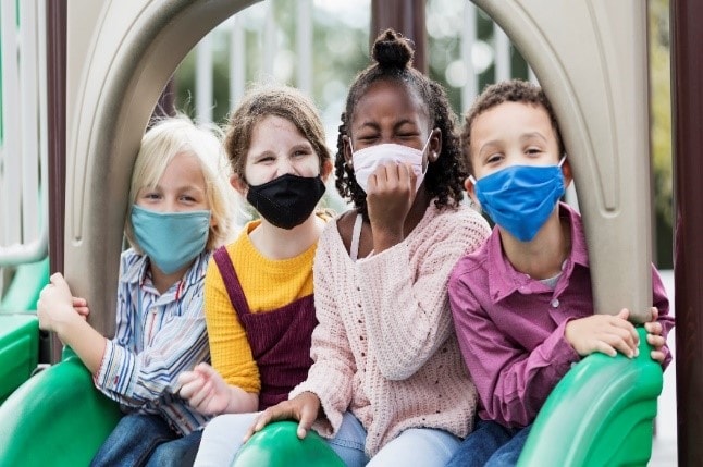 Children wearing protective masks on the playground