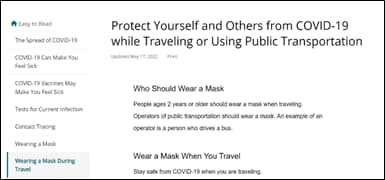 Screenshot of some of the Guidance on Masks page