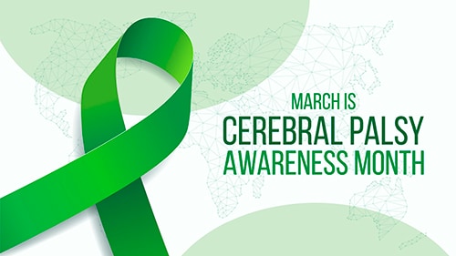 A green ribbon representing Cerebral Palsy Awareness. March is Cerebral Palsy Awareness Month