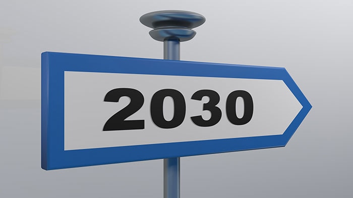 2030 blue street sign on white background - 3D rendering illustration 