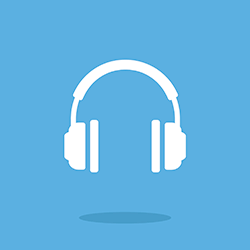 White headphones icon with blue backgroound