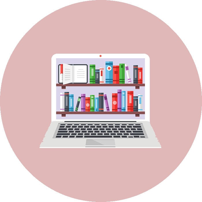 Icon with a laptop showing library shelves