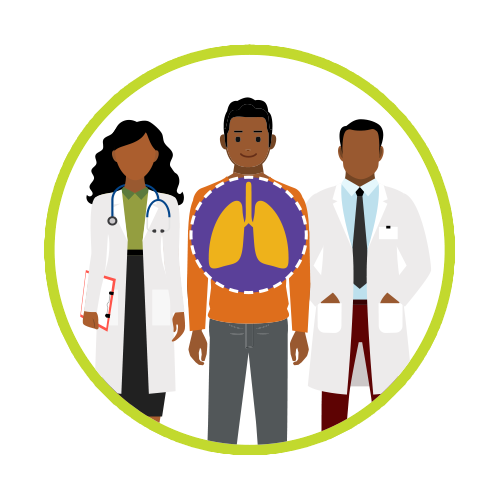 Illustration d'un patient avec ses fournisseurs de soins de santé et une radiographie de ses poumons