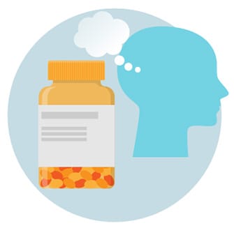 Graphic of a medicine bottle and a thinking head