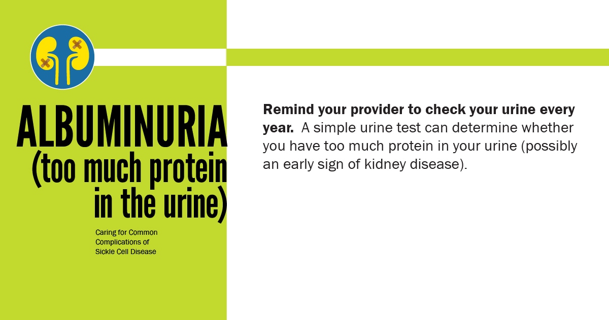 Albuminuria (too much protien in the urine). Remind your provider to check your urine every year. A simple urin test can determine whether you have too much protien in your urin (possibly an early sign of kidney disease).