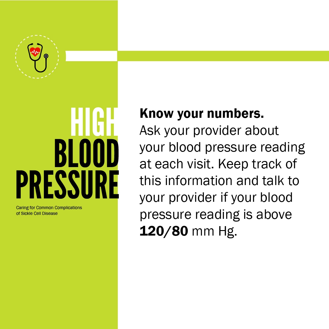 Know your numbers. Ask your provider about your blood pressure reading at each visit. Keep track of this information and talk to your provider if your blood pressure reading is above 120 / 80 mm Hg.