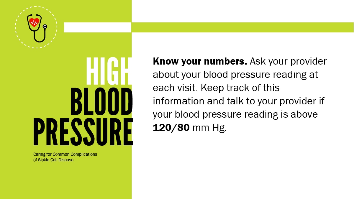 Know your numbers. Ask your provider about your blood pressure reading at each visit. Keep track of this information and talk to your provider if your blood pressure reading is above 120 / 80 mm Hg.
