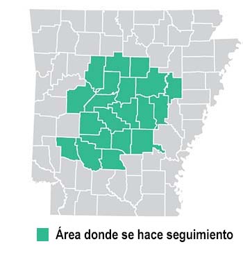 Map of Arkansas with site areas in green