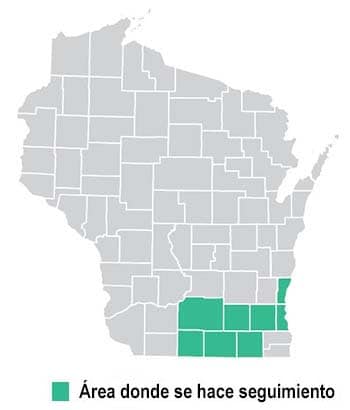 Wisconsin map with site areas in green