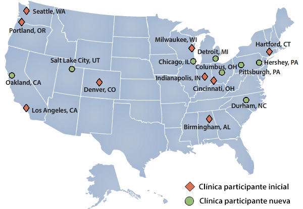 EE.UU. Mapa: Distribución geográfica de las clínicas multidisciplinarias en Proyecto Nacional de Espina Bífida Registro