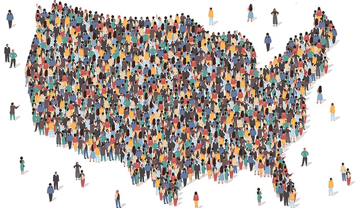 USA map made of many people, large crowd shape.