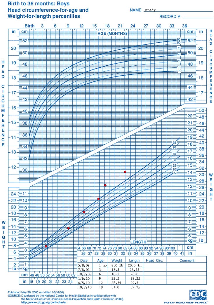 Growth chart
Birth to 36 months: boys
Head circumference for age and 
Weight for length percentiles

Name: Brady


Data points for the growth chart show the following:

Date – Weight – Length
5/8/2009 –8.0 pounds – 20.5 inches
7/8/2009 – 13.5 pounds – 23.75 inches
10/7/2009 – 18.5 pounds – 26.0 inches
1/6/2010 – 22.5 pounds – 28.25 inches
4/5/2010 – 26.75 pounds – 29.5 inches
10/7/2010 – 31.0 pounds – 32.25 inches
