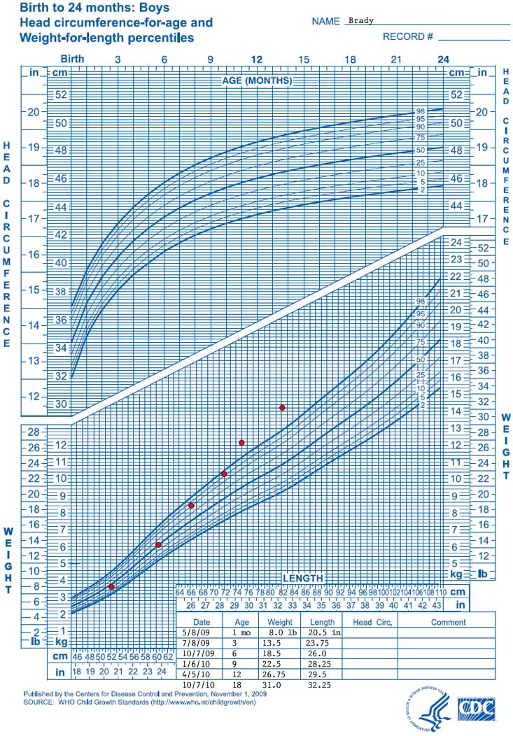 Growth chart
Birth to 24 months: boys
Head circumpherence-for-age and
Weight-for-length percentiles

Name: Brady


Data points for the growth chart show the following:

Date – Age – Weight – Length
5/8/2009 – 1 month  – 8.0 pounds  –  20.5 inches
7/8/2009– 3 months – 13.5 pounds - 23.75 inches
10/7/2009– 6 months – 18.5 pounds - 26.0 inches
1/6/2010 – 9 months – 22.5 pounds - 28.25 inches
4/5/2010 - 12 months – 26.75 pounds - 29.5 inches
10/7/2010 - 18 months – 31.0 pounds - 32.25 inches

