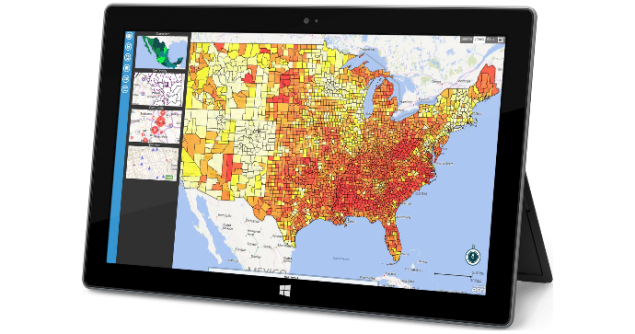 Tablet screen displaying Epi Info map of U.S.