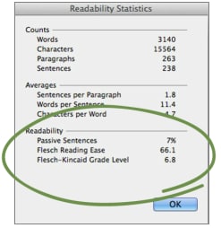 image of Flesch-Kincaid Grade Level Readability Test results