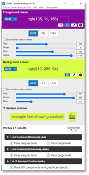 Color Contrast Passed The Color Contrast Analyzer screen showing a purple foreground and chartreuse background with 7.1:1 contrast ratio.