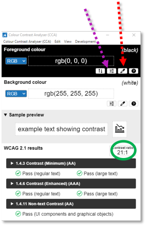 Color Contrast Analyzer Tool Color Contrast Analyzer showing black foreground color and white background color with 21:1 contrast ratio.