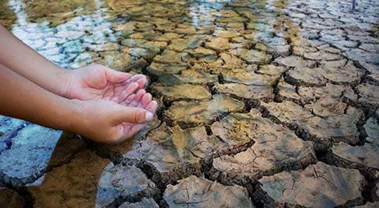 cupped hands scooping from a shallow pool of water over cracked ground due to drought