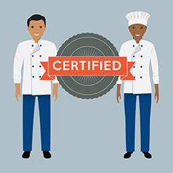 Chef and food worker with a certified stamp to represent they are certified kitchen managers.