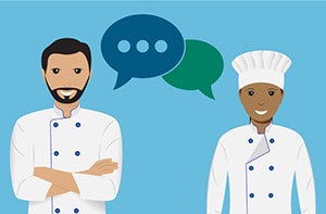 Graphic art image of two food workers talking.