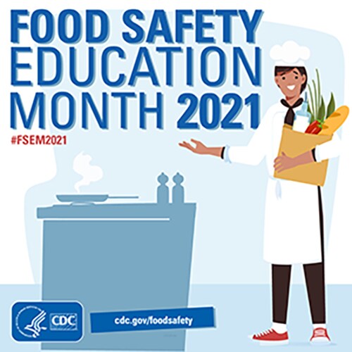 Food Safety Education Month banner with chef and bag of groceries.