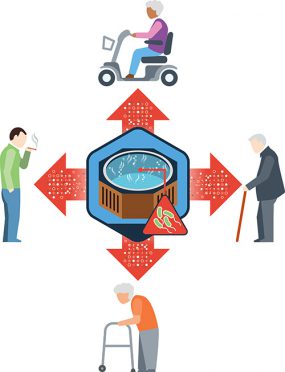 graphic of a hot tub with characters around it that may be at risk, elderly woman, man smoking.