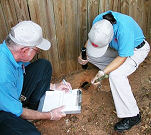Photo of 2 people inspecting a rodent hole.
