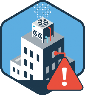 Icon with a building and exclamation over it to signify danger from the cooling towers.