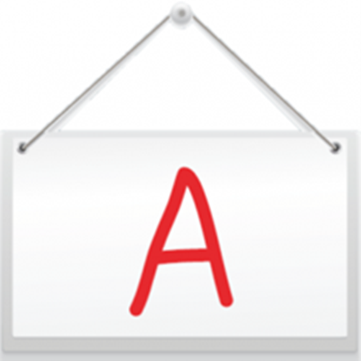 Hanging white banner with red letter A on it