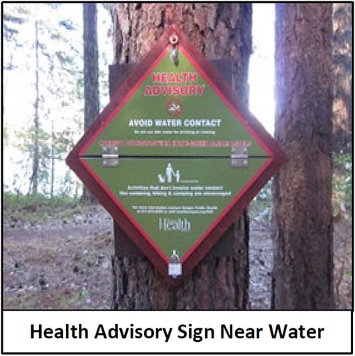 Health advisory sign near water