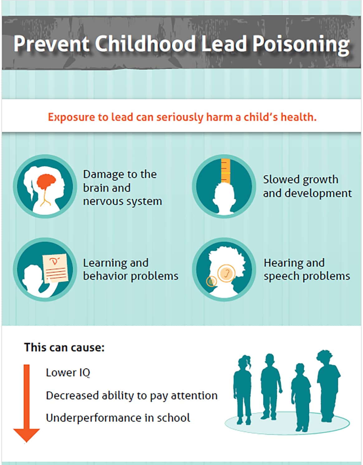 Prevent childhood lead poisoning. Exposure to lead can seriously harm a child's health.