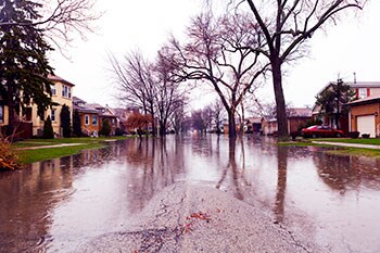 A flooded residential street
