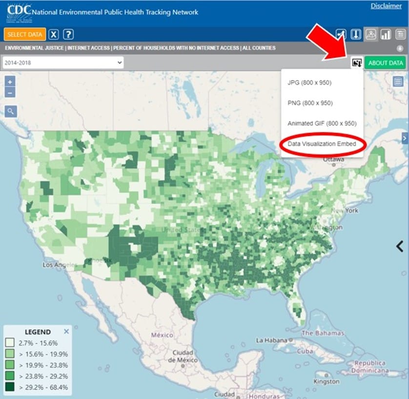 National Public Health Tracking Map showing a drop-down menu in the top right with data visualization embed selected.