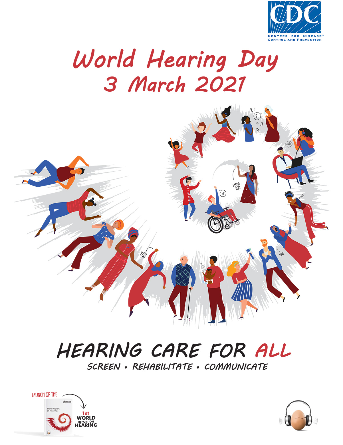 World Hearing Day March 3, 2021. Hearing care for all. Screen, rehabilitate and communicate.
