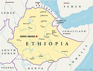 Map of Africa shows Ethiopia in yellow with its neighboring nations in gray.   