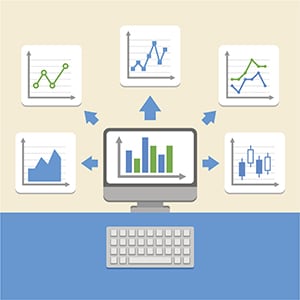graphic shows desktop computer and several screens depicting representations of charts and graphs 