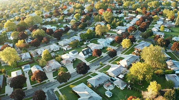 Aerial view of residential houses at autumn.