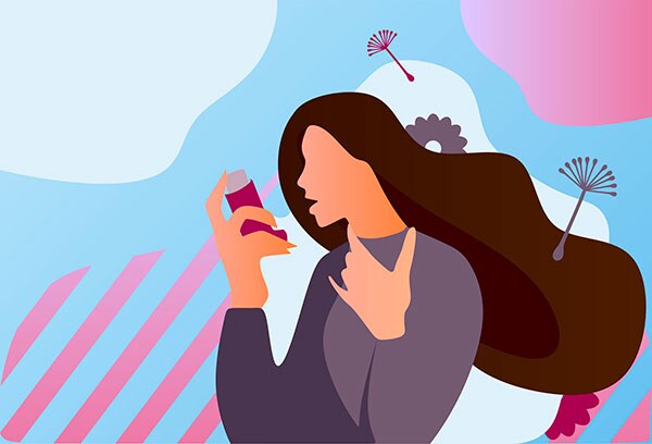 Graphic showing a person using an inhaler with illustrations of pollen and clouds in the background.
