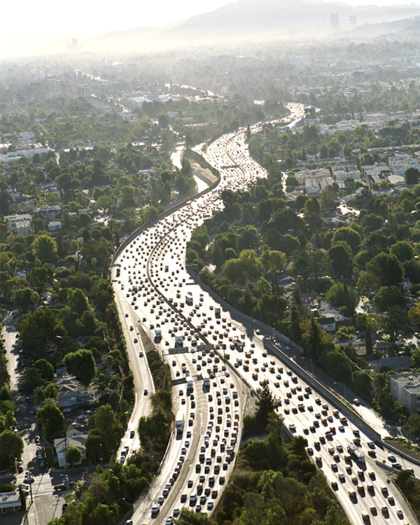 Traffic on a busy freeway. 
