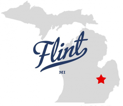 Map of Michigan with a star on the location where Flint is