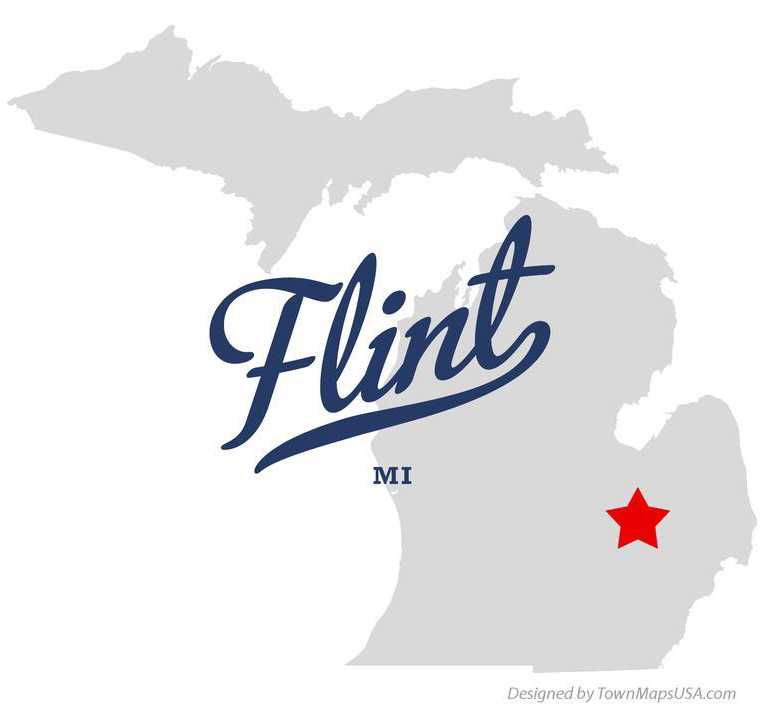 Image of state of Michigan with city of Flint with a star