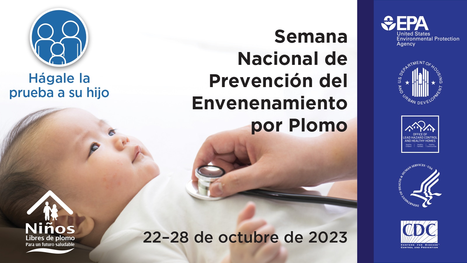 Spanish language NLPPW message of get your child tested with a Young child with someone listening to their heartbeat