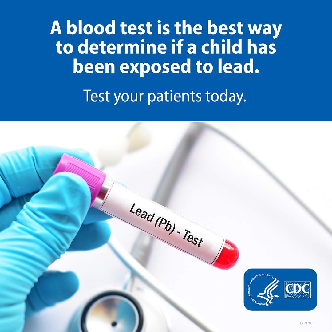Gloved fingers holding a blood sample vial labeled lead test.