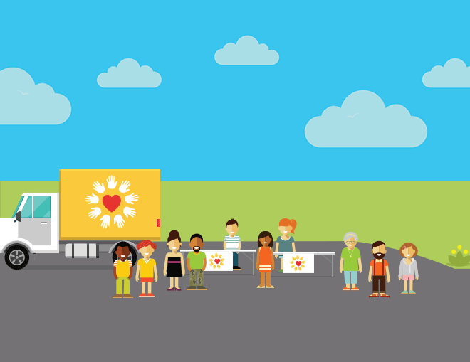 vector graphic of community-based groups standing by a truck