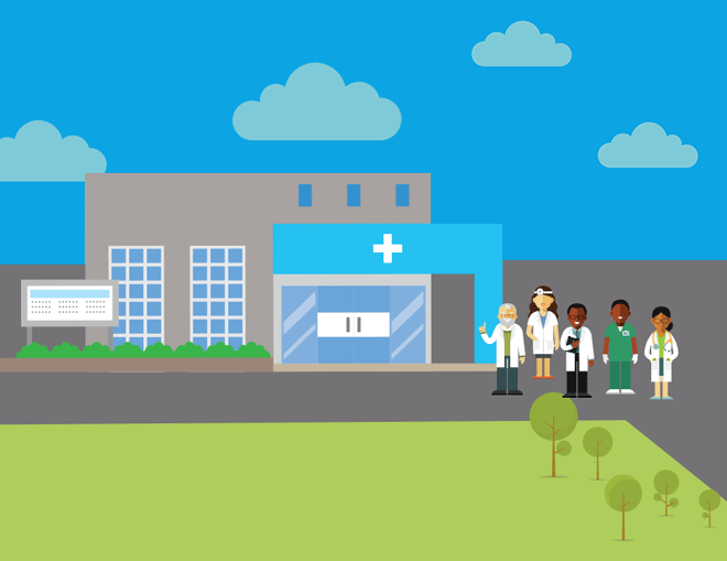 vector graphic of health care providers standing outside of a clinic